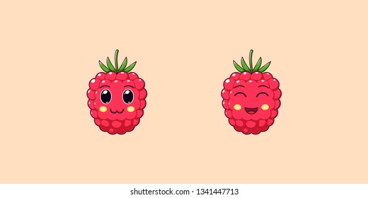 Cute Kawaii Raspberry, Cartoon Ripe Fruit. Vector illustration of Cartoon Sweet Raspberry with Charming and Cheerful Face, Funny Emoji. Juicy Berry Sticker. Print for T-shirt. Friendly Character