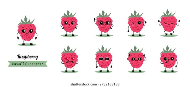 Cute Kawaii Raspberry Character Set With Emotions