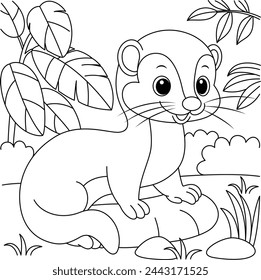 Cute kawaii ratel cartoon character in the forest background coloring page vector illustration