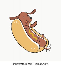 Cute kawaii real hot dog for t-shirt  graphic. A dog as a sausage in hotdog bun. Vector illustration.