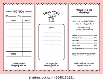 Cute kawaii receipt and thank you note template perfect for small shops or online businesses to leave a friendly message and enhance customer experience.