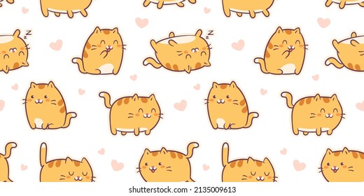 Cute kawaii red cats and white kittens - vector seamless pattern. Vector illustration with red kittens in funny poses. Background for print fabric, textile design, wrapping paper or wallpaper