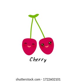 cute Kawaii red cherry with eyes and pink cheeks, isolated on white background trend of the season. Can be used for cards for children learning words, food packaging. Vector