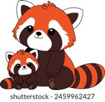 Cute kawaii red panda and baby cartoon character vector illustration. Wild animal, mothers day clip art