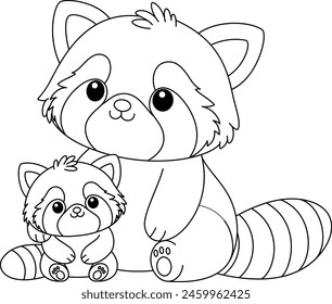 Cute kawaii red panda and baby cartoon character coloring page vector illustration. Wild animal, mothers day colouring page for kids