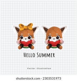 Cute kawaii red panda eating watermelon cartoon illustration.