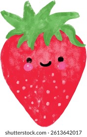 Cute kawaii red strawberry with smiling face doodle crayon watercolour kids illustration healthy fresh juice organic diet clipart digital sticker