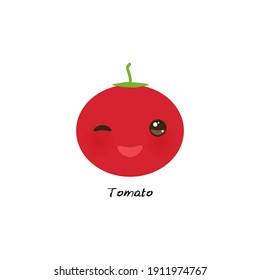 cute Kawaii red tomato with eyes and pink cheeks, isolated on white background trend of the season. Can be used for cards for children learning words, food packaging. Vector