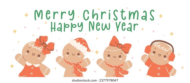 Cute and Kawaii retro Christmas Gingerbread Cartoon Character collection, Merry Christmas and happy new year, idea for banner and greeting card