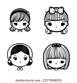 cute kawaii retro girl collection set hand drawn illustration