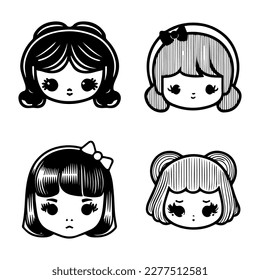 cute kawaii retro girl collection set hand drawn illustration