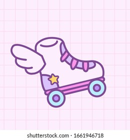 Cute kawaii retro roller skates in pastel colors with wings. Hand drawn doodle cartoon vector illustration in 80s, 90s style. For icon, logo, sticker, print, patch
