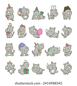 Cute kawaii rhino. Cartoon funny rhinoceros. Animal character. Hand drawn style. Vector drawing. Collection of design elements.