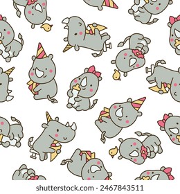 Cute kawaii rhino. Seamless pattern. Cartoon funny rhinoceros. Animal character. Hand drawn style. Vector drawing. Design ornaments.