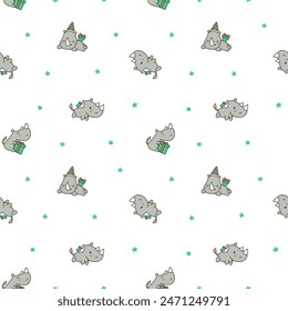Cute kawaii rhino. Seamless pattern. Cartoon funny rhinoceros. Animal character. Hand drawn style. Vector drawing. Design ornaments.
