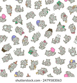 Nettes Kawaii-Nashorn. Nahtloses Muster. Cartoon lustiges Nashorn. Tierischer Charakter. Handgezeichneter Stil. Vektorgrafik zeichnen. Design Ornamente.