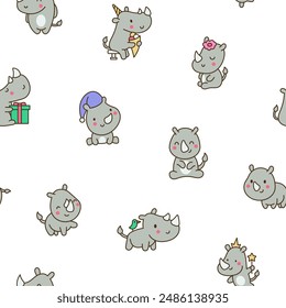 Nettes Kawaii-Nashorn. Nahtloses Muster. Cartoon lustiges Nashorn. Tierischer Charakter. Handgezeichneter Stil. Vektorgrafik zeichnen. Design Ornamente.