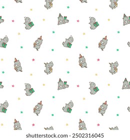 Cute kawaii rhino. Seamless pattern. Cartoon funny rhinoceros. Animal character. Hand drawn style. Vector drawing. Design ornaments.