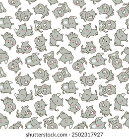 Cute kawaii rhino. Seamless pattern. Cartoon funny rhinoceros. Animal character. Hand drawn style. Vector drawing. Design ornaments.