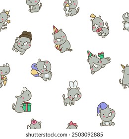 Cute kawaii rhino. Seamless pattern. Cartoon funny rhinoceros. Animal character. Hand drawn style. Vector drawing. Design ornaments.