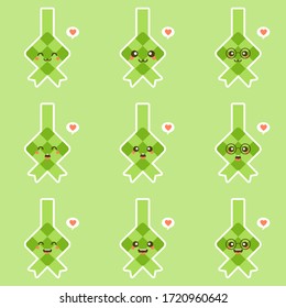 cute and kawaii rice dumpling or ketupat icon in flat design isolated on green background. eid mubarak vector illustration. 