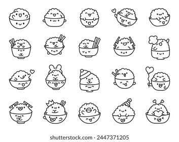 Cute kawaii rice and funny bowl. Coloring Page. Adorable food friends. Cartoon character. Hand drawn style. Vector drawing. Collection of design elements.