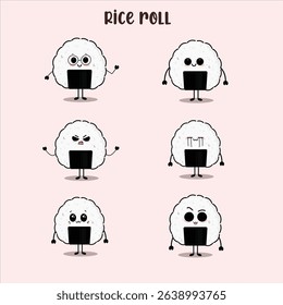 Cute Kawaii Rice Roll Characters with Expressions – Japanese Food Cartoon Vector Set