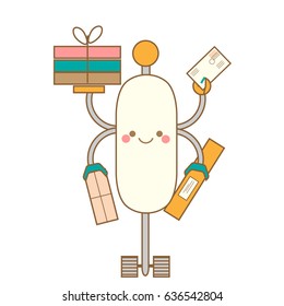 Cute kawaii robot character. Friendly smiling android delivering mail and post boxes. Vector illustration, isolated design element
