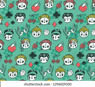 Cute kawaii rockabilly sugar skulls. 1950s vintage seamless pattern. Halloween texture with cartoon characters, Dia de los muertos illustration for your fabric, textile, wrapping, wallpaper.