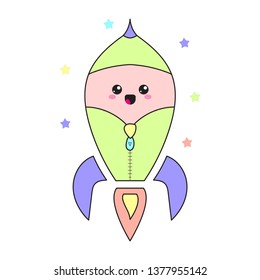 Cute kawaii rocket. Vector cartoon illustration. Isolated.