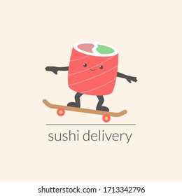 Cute kawaii roll on a skateboard. Food delivery logo. Sport. Healthy diet. Vector illustration.