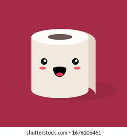 Cute kawaii Roll of white toilet paper with a smiling face on a colored background. Flat vector stock illustration