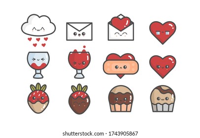 Cute Kawaii romantic objects. Love concept. Hearts, wine, envelope, chocolate. Japanese cartoon manga style. Funny anime characters with faces. Trendy Vector illustration. Isolated on white background