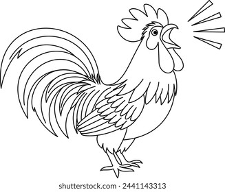 Lindo kawaii un gallo está cantando dibujos animados para colorear la ilustración vectorial de la página