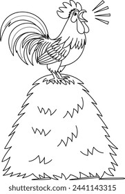 Cute kawaii a rooster is crowing on top of a pile of straw cartoon character coloring page vector illustration