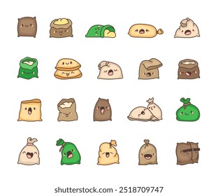 Cute kawaii sack. Funny cartoon character. Hand drawn style. Vector drawing. Collection of design elements.