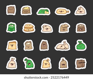 Cute kawaii sack. Sticker Bookmark. Funny cartoon character. Hand drawn style. Vector drawing. Collection of design elements.