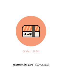 Cute Kawaii salmon Sushi. Outline Icon. Japanese traditional meal. Cartoon manga style. Funny anime character with happy face. Flat design. Trendy Vector illustration. Logo template