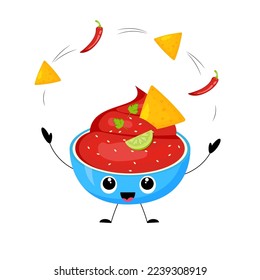 Cute kawaii salsa sauce juggling nachos and chili pepper. Cartoon style vector illustration.
