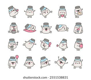 Cute kawaii salt shaker characters set featuring adorable expressions, fun poses for happy and joyful illustrations in food and spice related concepts