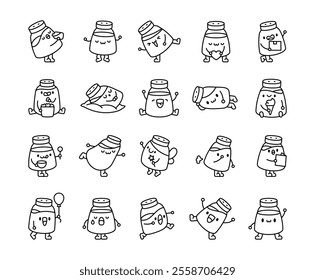 Cute kawaii salt shaker characters set featuring adorable expressions, fun poses for happy and joyful illustrations in food and spice related concepts