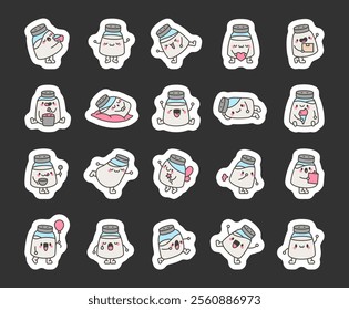 Cute kawaii salt shaker characters set featuring adorable expressions, fun poses for happy and joyful illustrations in food and spice related concepts