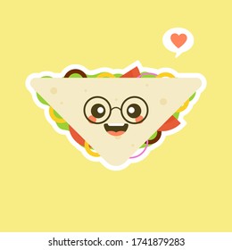 cute and kawaii of sandwich bread character with vegetables. breakfast. slice cheese sandwich with tomato, lettuce & bacon, sausage flat design style. tasty & Appetizing vegetarian food.