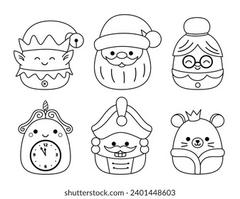 Cute kawaii Santa Claus, elf, clock, Nutcracker. Coloring page. Squishmallow. Black white. Color me. Kawaii. Isolated vector illustration eps