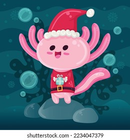 Cute kawaii santa claus pink axolotl with a christmas gift box under the sea with snowflakes and bubble background texture