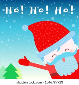 Cute Kawaii Santa And Ho-ho-ho! Christmas Tree. Snow On The Background. Simple Flat Style Vector For Cards, Invitations.