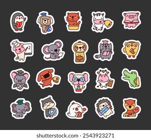 Cute kawaii school animal cartoon outline characters with educational items for learning and fun classroom activities