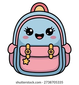 Cute kawaii school backpack character. Funny cartoon pink and blue bag with a happy smiling face and star keychain. Back to school vector illustration isolated on white background for kids education design.