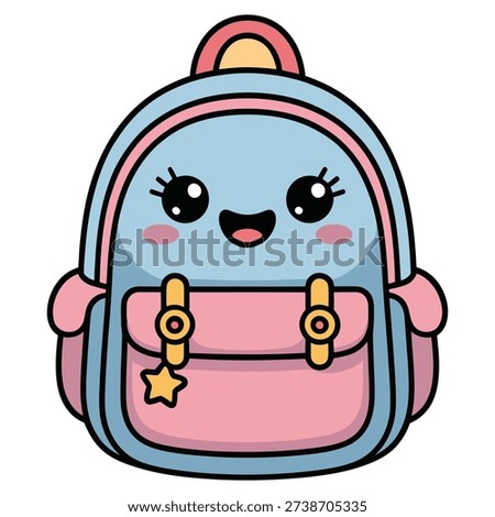 Cute kawaii school backpack character. Funny cartoon pink and blue bag with a happy smiling face and star keychain. Back to school vector illustration isolated on white background for kids education design.
