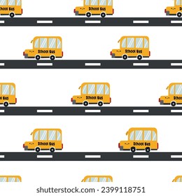 Cute kawaii school bus on the road seamless pattern. Hand drawn Kids style